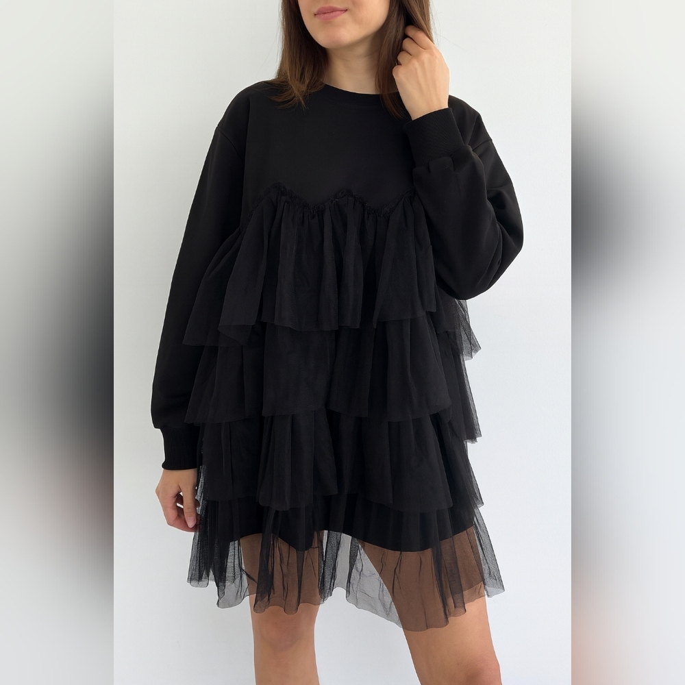 CQ by CQ Black Layered Tulle Ruffle Long Sleeve Mini Dress Size Large